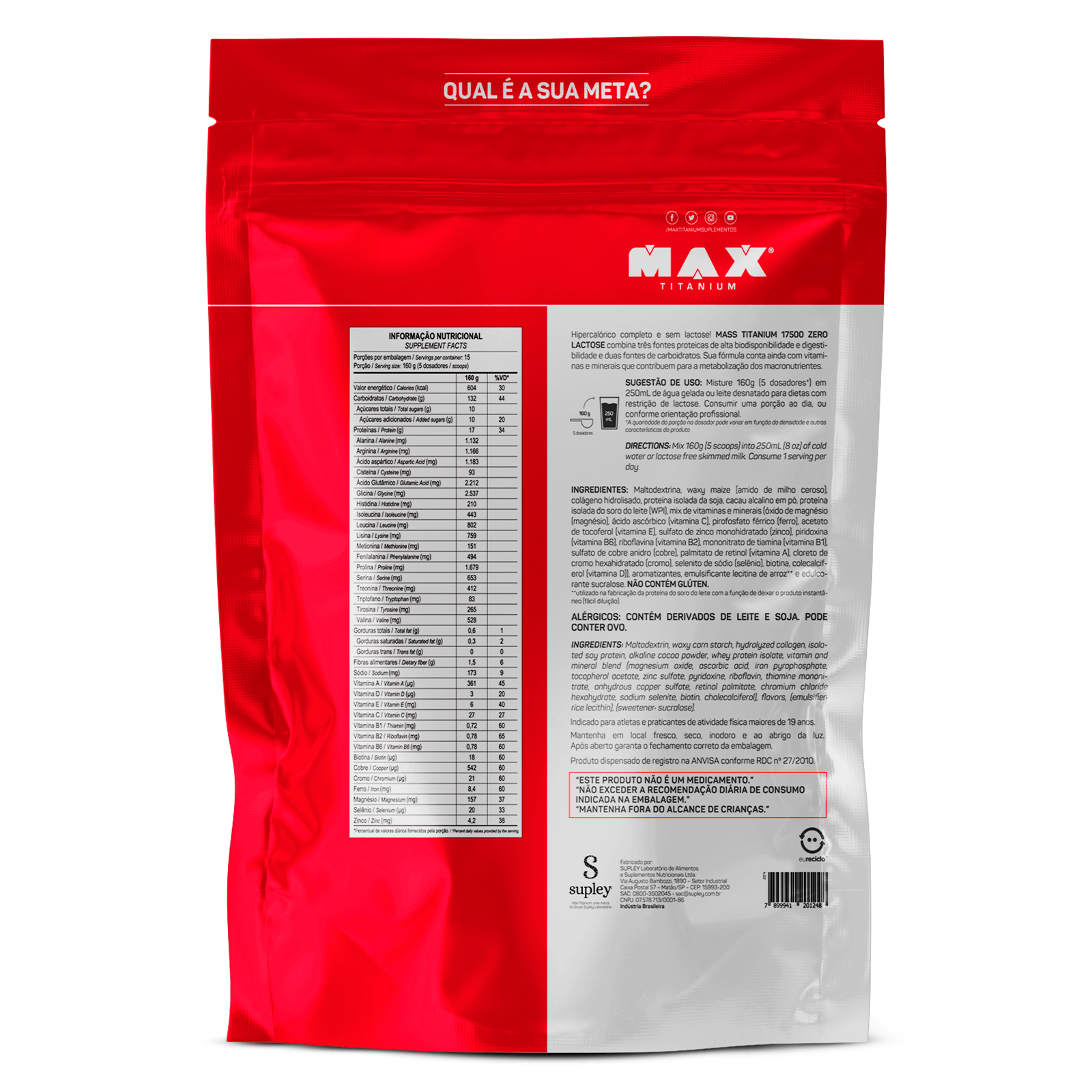 Hipercalórico MASS Titanium 17500 Zero Lactose com 2,4kg - Max